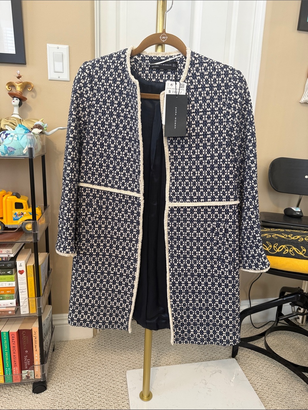 Navy & White Tweed Open-Front Blazer Coat